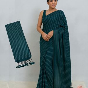 Handwoven Pure Stripe Khadi Cotton Saree - Forest Green