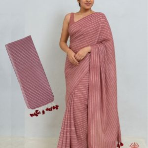 Handwoven Pure Stripe Khadi Cotton Saree - Sweet Pink
