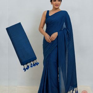 Handwoven Pure Stripe Khadi Cotton Saree - Dark Royal Blue